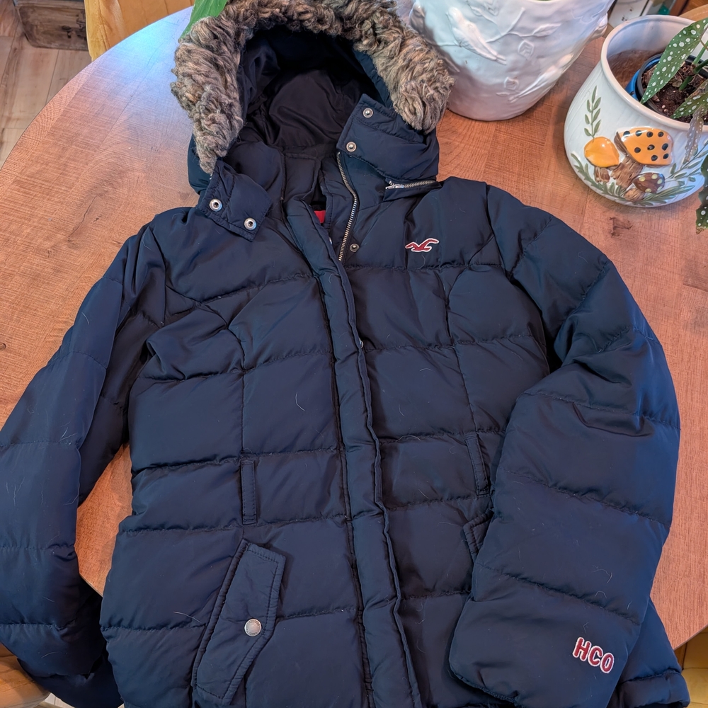 Hollister Blue Puffer Jacket with Fur Trim Hood